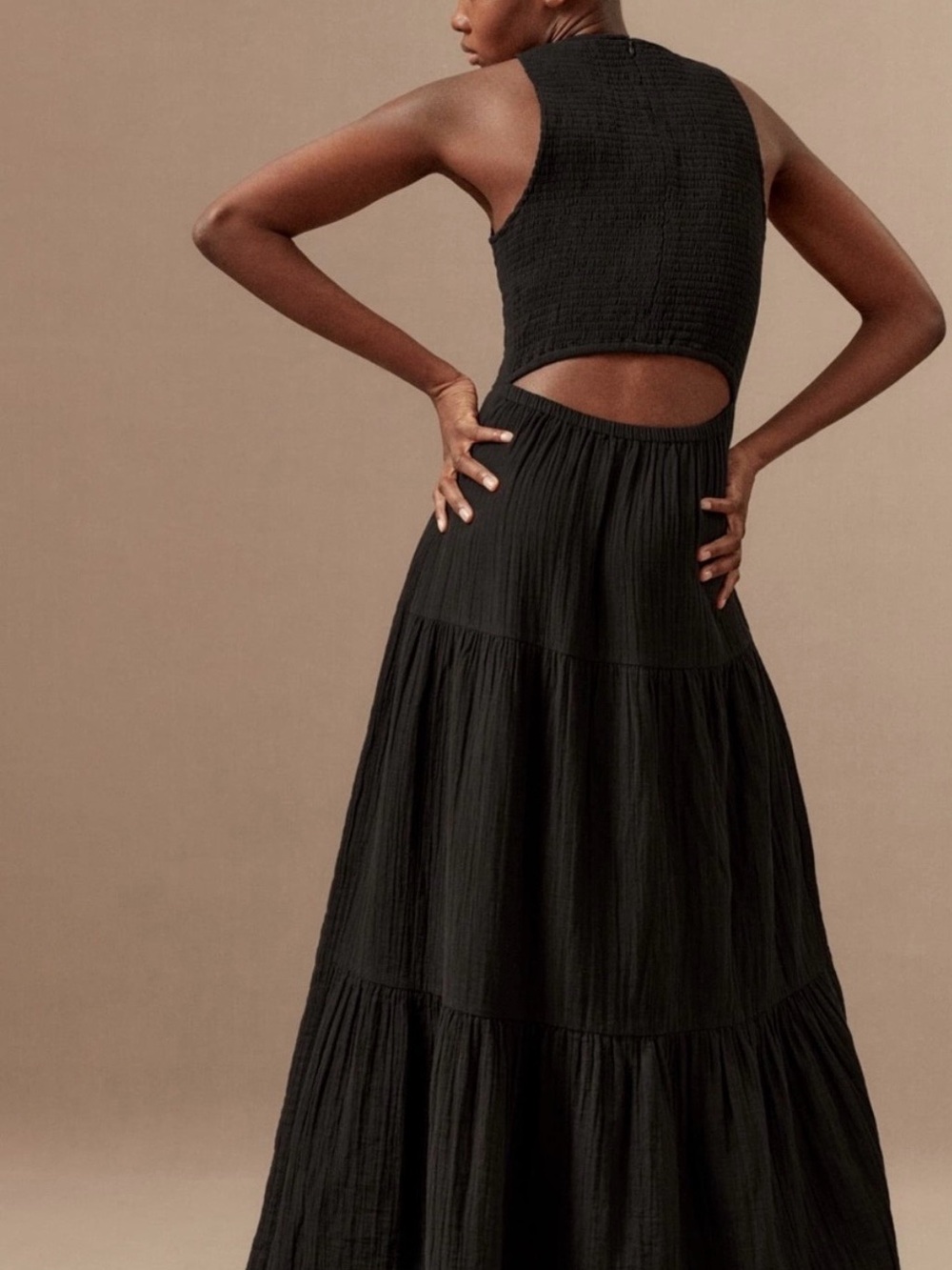 ME+EM Black Cotton Tiered Maxi Dress with Cutout Back